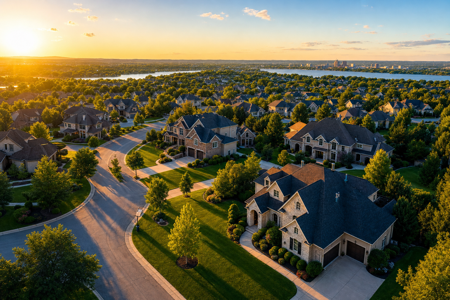 Aerial view of thriving residential neighborhood at golden hour